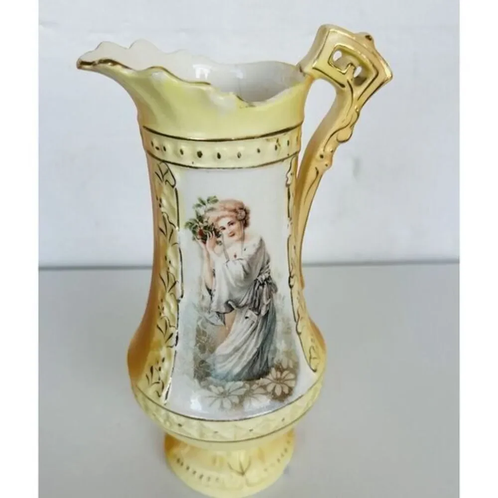 Vintage Porcelain Pitcher Transferware & Hand Painted‎ Woman Floral 8.5